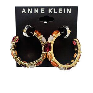 Ann Klein Gold Tone Multi Glass Stone C Hoop Earrings